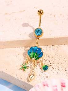 1 pieza Anillo de ombligo con diseño de concha azul, estrella de mar y caracol, de moda, exquisito, sexy y único, joyería de resort de playa para mujeres - Multicolor - Ver 2
