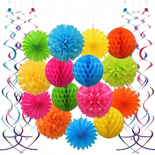 1set(19pcs) - Colorful Paper Hanging Paper Fan Set, Tissue Flower Fan And Honeycomb Ball, Tissue Flower With Rotating Ribbon And Party Canopy, Used For Birthday Party Decoration, Baby Shower, Wedding Background Hanging Decoration