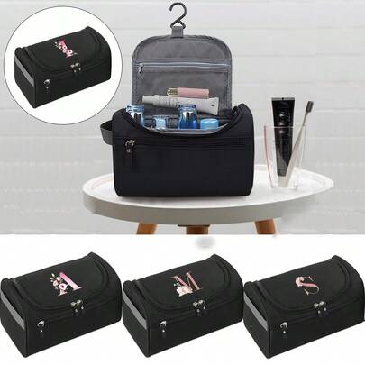 Portable Cosmetic Bag Men Business Toiletry Bag Travel Makeup Bag Flower Initial Letter Printing Cosmetic Bags Bathroom Hanging Wash Pouch Make Up Case Storage Bag Travel Accessories