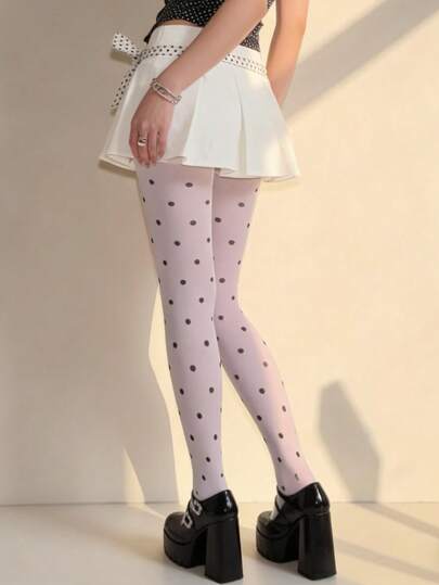 1 Pair Of Black Polka Dot Cute Women's Thin Pantyhose, Breathable Polka Dot Pattern Long Tube Socks, Comfortable