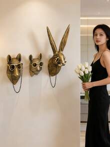 1件復古金色樹脂動物牆飾 - 紳士風格兔子與鹿頭雕塑，配有眼鏡、煙斗和領結裝飾，適合客廳、玄關和書房牆面裝飾，增添復古奢華氛圍，成為吸睛的牆面藝術品 - 彩色 - 查看 5