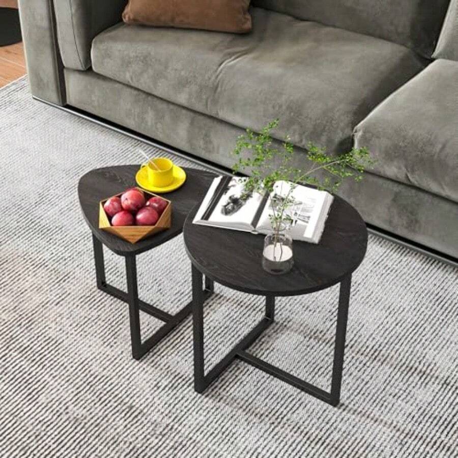Mesa de Centro Redonda Juego de Mesa de Centro para Salón 2 mesas Estructura de Metal Mesa Auxiliar de Madera Mesa Auxiliar Apilable Color Roble (Negra) - negro - Ver 1