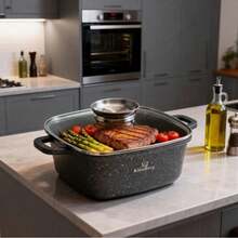4.4L Black Marble Square Pan With Lid, Suitable For Gas And Induction Cooktops, Multi-Functional Ceramic Marble/Frying Pan, Cm, Suitable For All Stoves, With Spillguard - View 5