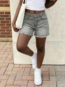 Women's Casual Loose Straight Leg Denim Bermuda Shorts Summer - Màu Xám nhạt - Xem 4