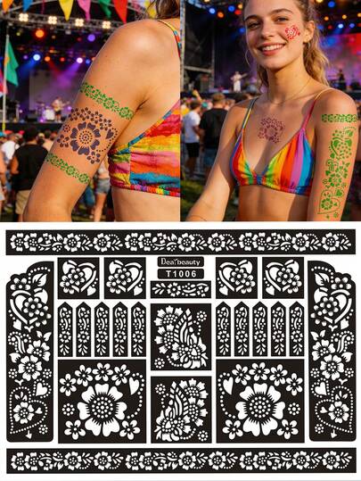 1张可重复使用的花朵图案临时纹身模板，人体彩绘纹身贴纸，闪光纹身模板，适用于手部/身体，适合春夏、音乐节、节日等场合。