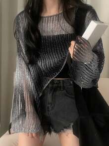 女士休闲百搭渐变色宽松喇叭袖开襟针织衫，适合春秋季穿着 - 黑與白 - 查看 3