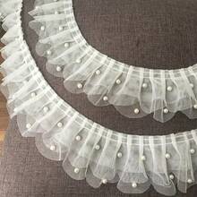 1码长，7厘米宽，奢华透明白色3D蕾丝贴花，带闪亮珠子和褶边，适用于婚纱缝制和婚礼用品 - 珍珠蕾絲帶 - 查看 10