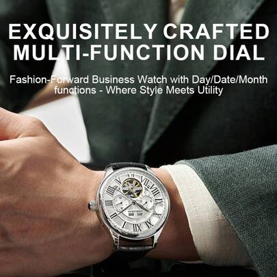 JUELEN Men's Skeleton Automatic Mechanical Watch Roman Numerals Dial Leather Strap Business Wristwatch Watches For Men