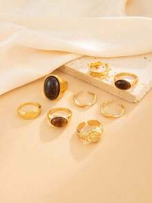 8pcs Vintage Geometric Jade Inlaid Ring Set, Women's Chunky Metal Gold Color Rings, Suitable For Women's Daily And Party Decoration, Gift Jewelry Set - 黃金 - 查看 7