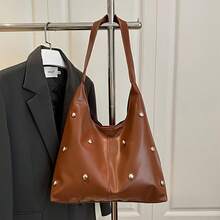 Aesthetic Studded Hobo Bag For Women, Large Capacity Faux Leather Shoulder Bag, Edgy Rivet Decor Carryall, Versatile Commuter Tote For Work, Travel & Night Out, Chic Minimalist Punk Purse, Soft Slouchy Handbag With Fixed Strap - màu nâu - Xem 2