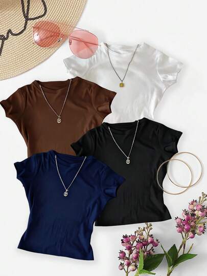 4-Piece Women's Round-Neck Short-Sleeve T-Shirts, Summer New Fashion Solid Color Slim-Fit Cropped Tops, Suitable For Daily Wear Casual