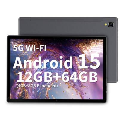 Relndoo Tablet Android 15 With Keyboard, 10.1 Inch Tablets, 4-Core 2Ghz/12GB RAM 64GB ROM/2.4G WiFi+WiFi 6/1280*800 FHD IPS Touch Screen/5MP+8MP Dual Camera/Type-C/8000mAh Large Battery/Supports 1TB SD Expansion (No Adapter)
