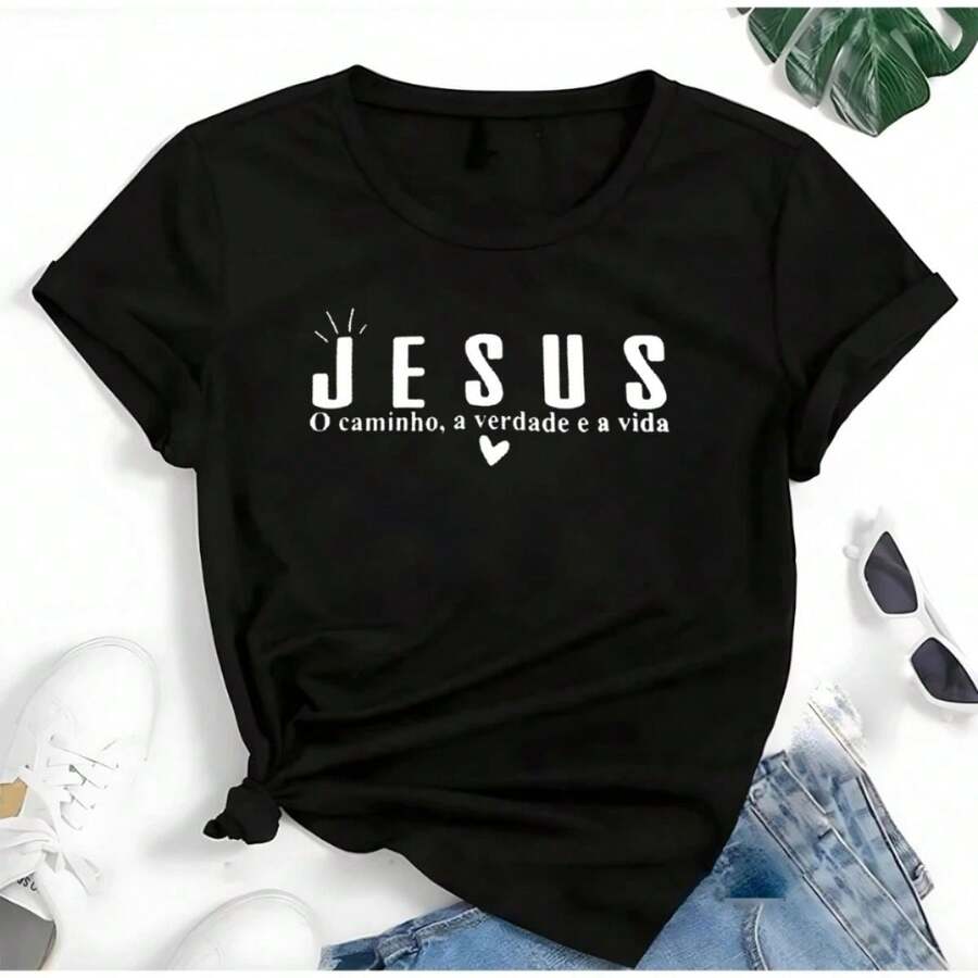 Linda Tudo é Aquele Que Cré Jesus Cristo T-Shirt Women's Blouse - 黑色 - 查看 1
