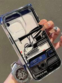 1pc Black Racing Car Pattern Black Frame 2-In-1 Transparent Thick Shockproof TPU Fashionable Phone Case Suitable For IPhone 11/12/13/14/15/16/17 Pro Max/Plus, Protective Cover - Black - View 3