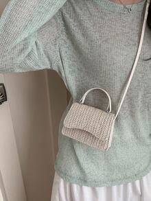 New Retro Fashion Mini Straw Handbag, Flap Opening, Lightweight Minimalist, Small Capacity Casual Shoulder Bag - Beige - View 3