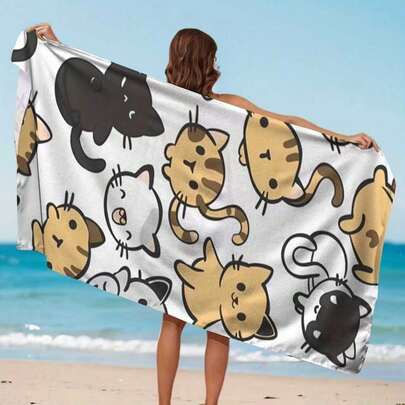 可爱卡通猫咪印花超强吸水毛巾，多种尺寸可选，透气大号沙滩巾，柔软轻便速干浴巾，是海滩、游泳、户外露营和旅行的理想之选，必备沙滩装备