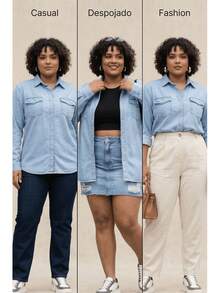 Women's Plus Size Denim Shirt With Long Sleeves And Pockets. A Versatile, Practical, Comfortable, High-Quality Shirt For Everyday Wear, Work, Or College. - 淺色水洗藍 - 查看 4