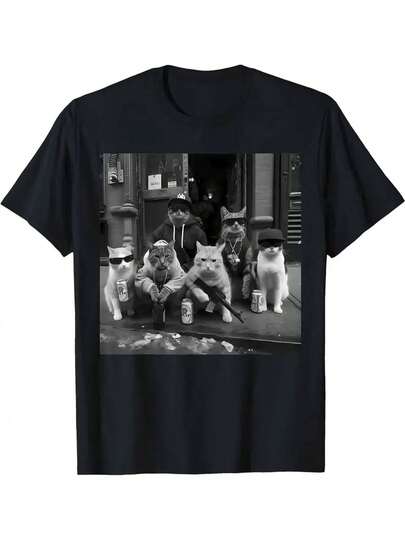 Black Cat On The Sidewalk Cotton T-Shirt, Casual Street Style Design, Printed With A Hat, Hood And Sunglasses Cat Pattern, Soft Breathable Cotton T-Shirt, Cat Lovers Must Have