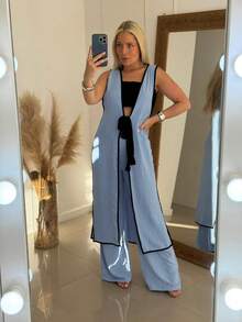 Lorenna Maiia Conjunto Cardigan Longo Kimono Feminino Colete - Azul - Visão 8