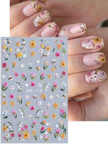SWEET TREND 5D彩色花朵线条美甲贴纸2片装，金色条纹线条油画风格，雏菊、郁金香、向日葵、蜜蜂、绿叶、藤蔓，法式美甲设计，DIY复古春夏花卉图案，自粘沙龙贴纸，美甲装饰 - 彩色 - 查看 6