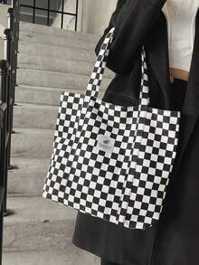 1个格子帆布手提包，大容量单肩包，带内袋，女士日常休闲格子手提包 - 黑與白 - 查看 2