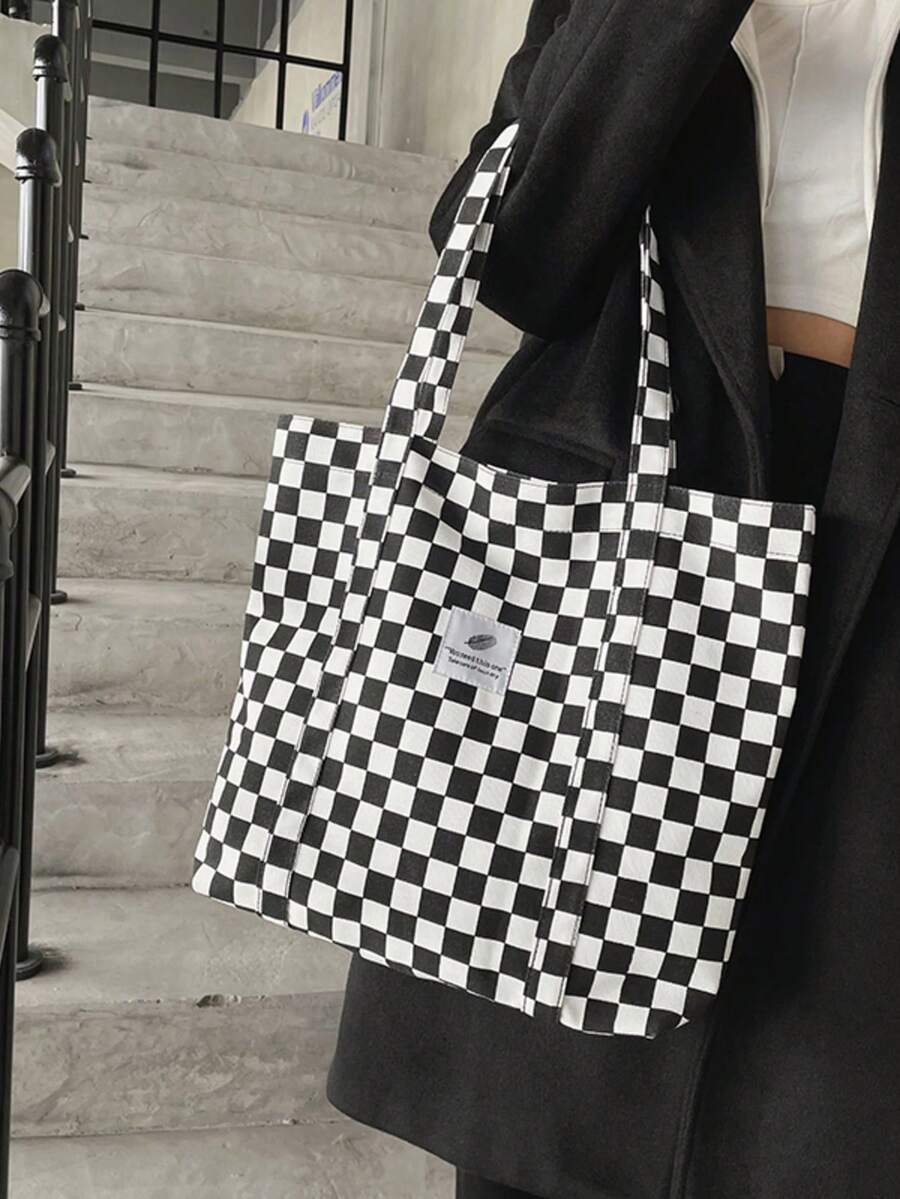 1个格子帆布手提包，大容量单肩包，带内袋，女士日常休闲格子手提包
