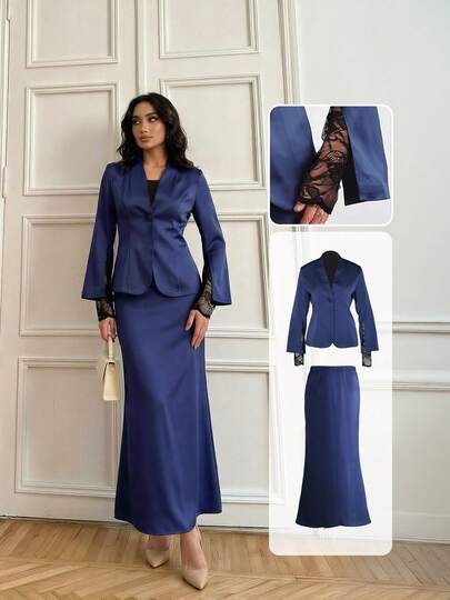 2pcs Set Solid Color Elegant Vintage Style Lace Splice Sleeve + Bodycon Mermaid Skirt Design Suit, Suitable For Formal Evening Occasions, Autumn/Winter