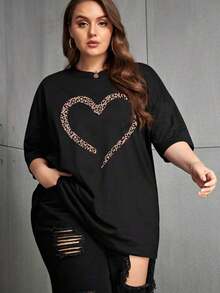 Camiseta holgada con estampado de leopardo y corazón, camiseta estampada con estampado de guepardo, parte superior para mujer, verano - Negro - Ver 3
