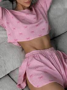 2件套女士舒适半镂空圆领蝴蝶结印花长袖睡衣套装，带侧开衩短裤 - 粉色 - 查看 2