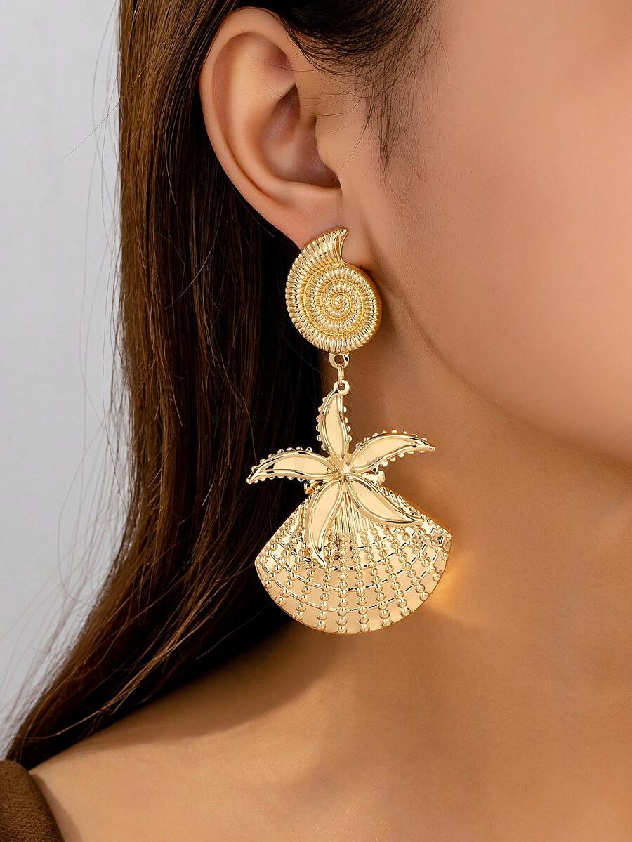1 par de pendientes colgantes con textura de vida marina vintage, pendientes de nicho de atmósfera de vacaciones en la playa para mujeres - Dorado - Ver 1