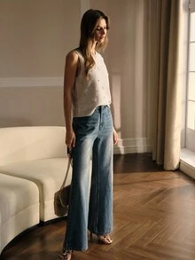 Colete de Tricô Bordado com Contas de Estilo Francês Minimalista de Verão para Mulheres Amore, com Design de Fenda Traseira com Fivela para Sobreposição no Outono e Inverno, Regata na Cor Damasco, Adequado para Uso Diário, Sobreposição no Outono e Inverno, Encontros para Chá da Tarde, Check-in de Viagens Leves e Looks de Festa, Looks Femininos para Festivais, Blusas Casuais para Mulheres - Damasco - Visão 4
