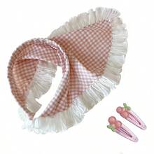 3pcs Bandana, Headband & Hair Clip Set, Ruffled Plaid Headband, Sweet & Cute Countryside Style Girl Photo Props - Red - View 5
