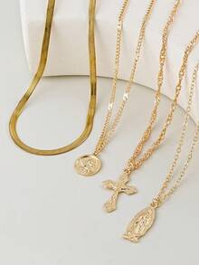 4件套十字架、天使硬币、圣母玛利亚吊坠多层项链套装，金色蛇形链项链，送给她的理想宗教礼物 - 金黃色 - 查看 5