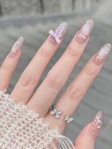 10pcs/Set Press On Nails, Purple Butterfly Bow, Dazzling Cat's Eye, Butterfly Bow, Sweet And Cute, Gentle Handcrafted Wearable Nails - Multicolor - View 2