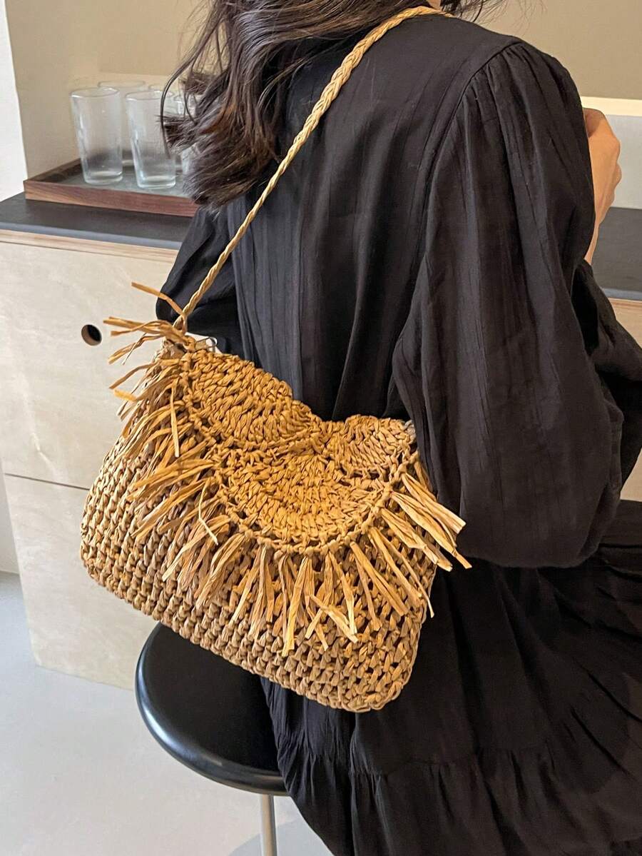 Fashionable Flap Crossbody Bag, Envelope Shoulder Straw Woven Square Bag, Casual Woven Tote Bag, Versatile Bag With Tassel, Hollow Out Beach Bag - Khaki - View 1