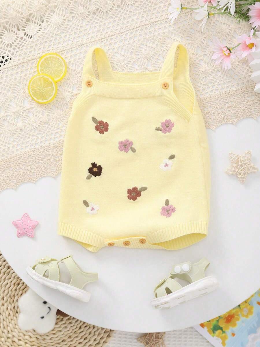 Baby Girls' Lightweight Knit Floral Embroidery Strap Romper Jumpsuit, Summer - Yellow - View 1