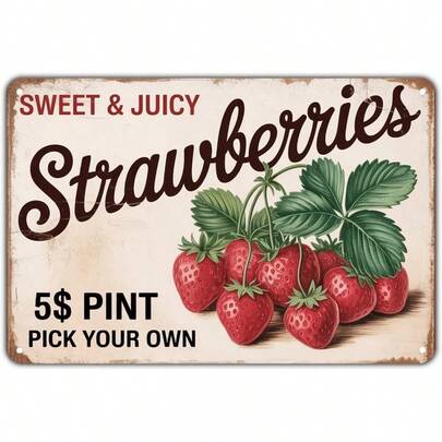 2D Flat, [2D Flat] 1pc Perfect For Home Or Garden Decor Sweet Juicy Pint Offer With  Ripe Red Garden Strawberries Rustic Iron Wall Decor For Bar Perfect For Room Deco, Room Decor Retro Wall Decoration Metal Signs Wall Decor, 2D Flat