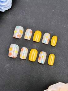 10片手工美甲贴纸套装，芥末黄短梯形，香氛法式美甲贴纸，美甲贴纸，新年美甲，情人节美甲，UV凝胶美甲，夏季美甲，日常美甲，优雅设计，高端法式风格，凝胶指甲油，闪粉，猫眼效果，金属光泽按压式美甲贴片 - 芥末黃 - 查看 7