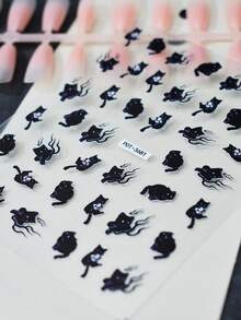 1pc Durable Nail Sticker, Dark Cartoon Black Cat Nail Art Decal, Cute & Cool Decoration, Easy Application, Long-Lasting, Ideal For Daily Wear And Party Nail Stickers - Multicolor - View 5