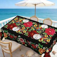 Mexican Floral Tablecloth Waterproof and Wrinkle-Free Boho Dining Table Cover with Scalloped Pom-Pom Edge Vibrant Folk Art Embroidery Design for Outdoor Patio Party Rectangular-140*180CM - Rectangular 140 x 180 cm - Ver 8