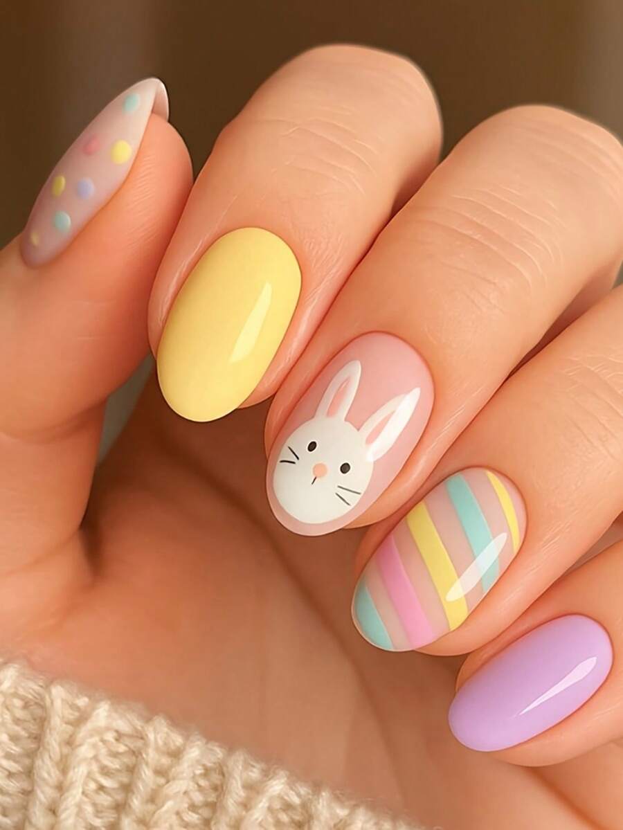 24pcs Easter Theme Oval Nail Stickers, Soft Color Striped Dotted Pattern, Cute Rabbit Design, Glossy Finish, Full Coverage Artificial Nails, Adorable Bunny Pattern, Suitable For Daily Wear - Multicolor - View 1