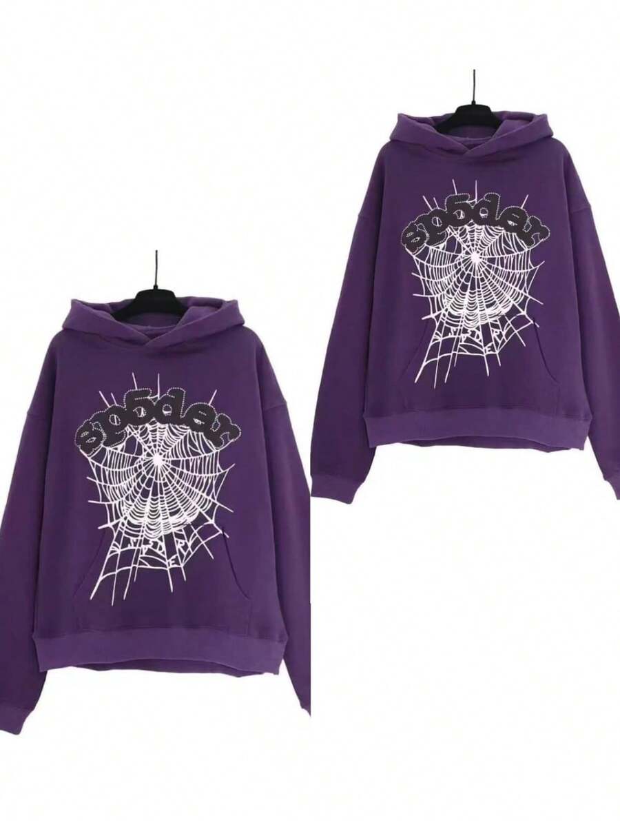 2-Piece Set Men's Hip Hop Spider Web Pattern Graphic Alphabet Print Harajuku Vintage Hoodie Long Sleeve Street Wear Top For Both Men And Women Oversized Hoodies,Y2k Hoodies Hip-Hop Style, - 紫色*2 - 查看 1