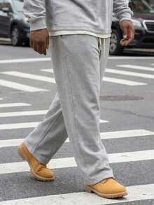 Plus Size Men's Drawstring Waist Minimalist Straight Leg Pants, Simple & Fashionable Sportswear - Grey - View 5