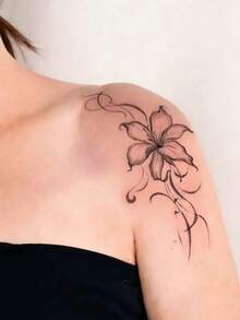 1pc Fashionable Waterproof Realistic Lily Flower Temporary Tattoo Sticker, Floral Vine Shoulder Back Tattoo Decal, Suitable For People,Spine Tattoo,Sketch Style - 黑色 - 查看 4