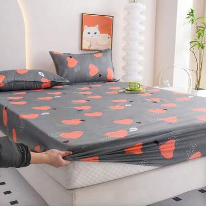 1pc Heart Pattern Printed Fitted Sheet, Modern Soft Bedding, Mattress Protector, Suitable For Bedroom Home Use