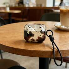 Ins Style Black & Brown Cow Print Splash Ink Semi-Transparent Earphone Case + Niche Luxury Portable Lanyard Compatible With Apple 1/2, Pro, 3, Pro 2, 4, Pro 3 Bluetooth Earphone Charging Case - Black - View 4