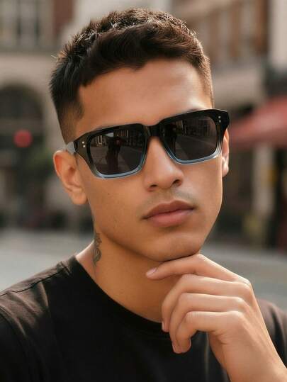 1 Pair Men's Black & Blue Square Frame PC Futuristic Cool Fashion Glasses