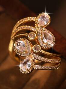 1pc Elegant Water Drop&Round Sparkle Openable Rings Fashion Cubic Zirconia Bohemian Women Ring For Bride Engagement Birthday Holiday, Travel For Mother's Day Copper Jewelry - Water Droplets - View 7