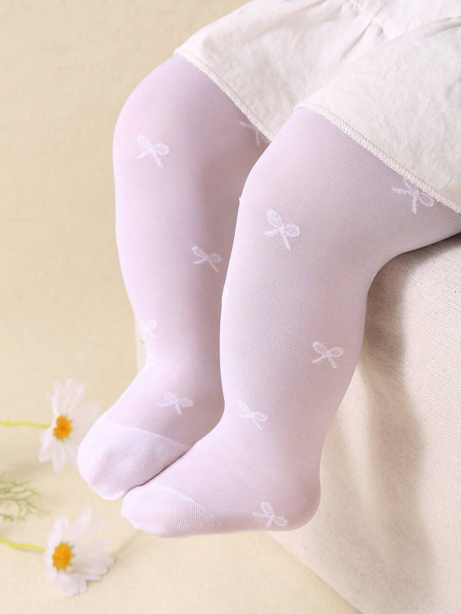 1 Pair White Cute Bow Pattern Baby Jacquard Dance Socks/Tights, Suitable For 0-36 Months Baby Girls, Can Be Matched With All Clothes And Dresses, Refreshing Summer Outfit, Ideal For Birthday Party And Gift, Made Of Soft And Skin-Friendly Velvet Material, Comfortable, Valentine's Day Gift - Multicolor - View 1