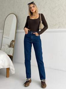 High Waist Knee Laser Ripped Boyfriend Mom Jeans, Solid Color Destroyed Asymmetric/Asymmetrical Pockets - Navy Blue - View 2